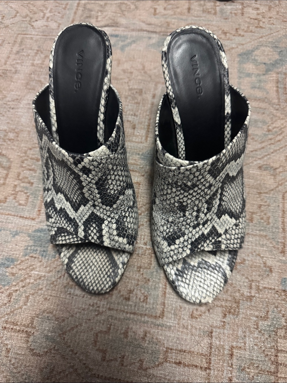 Vince Black and White Snake-Print Slide Mules